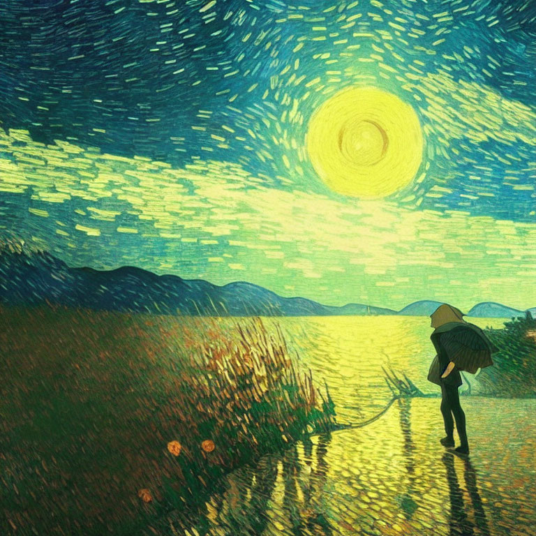 Person with Umbrella by Lakeside Under Starry Sky with Yellow Moon