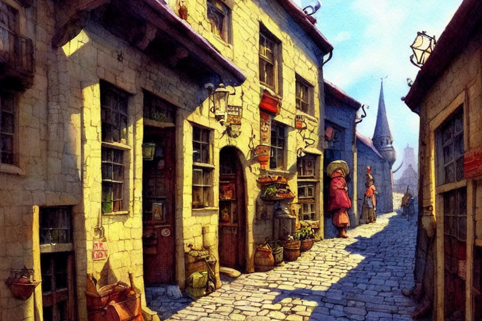 Charming cobblestone street with old-style buildings and colorful shop fronts