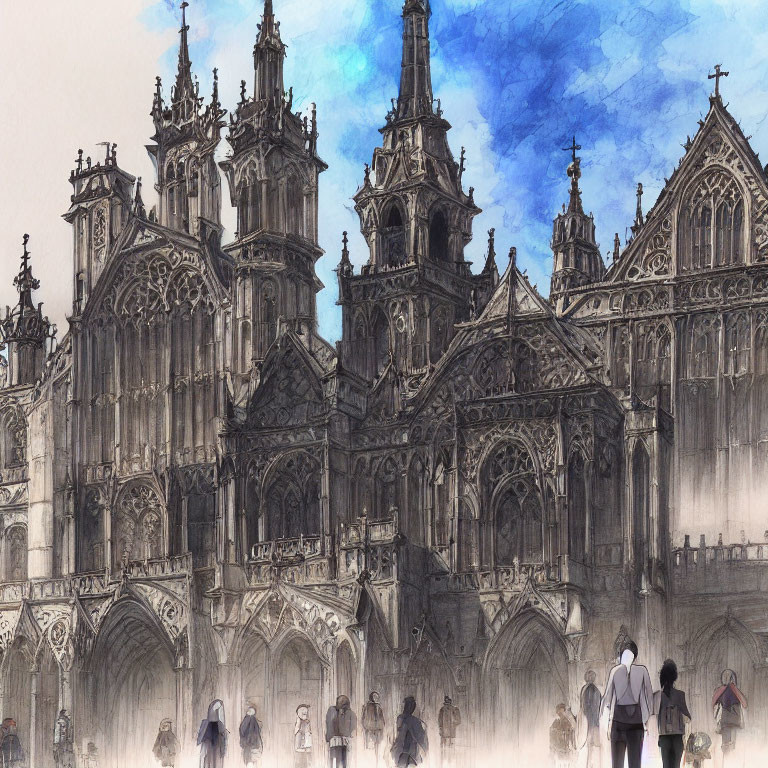 Sketch of people approaching ornate gothic cathedral under blue sky