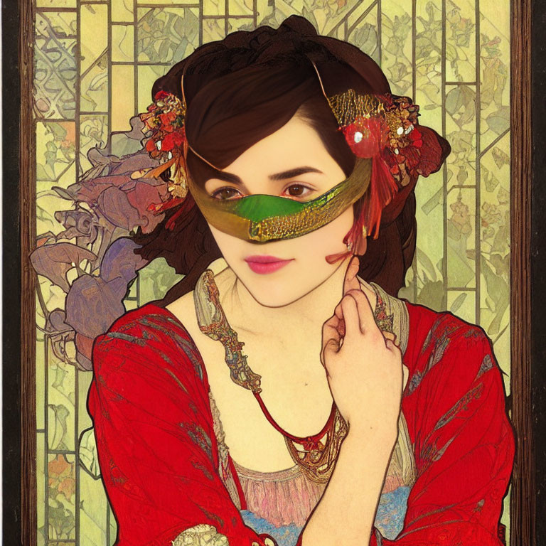 Stylized portrait of woman in green masquerade mask and red dress amid floral art nouveau backdrop