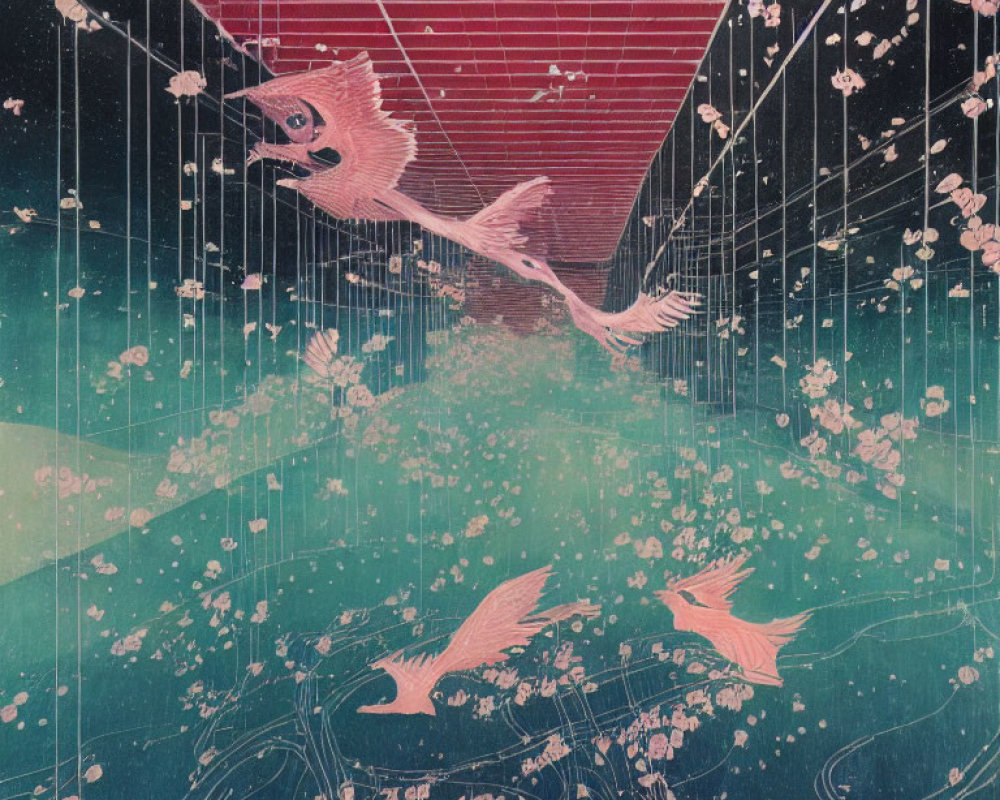 Fantasy koi fish swimming in celestial cherry blossom space