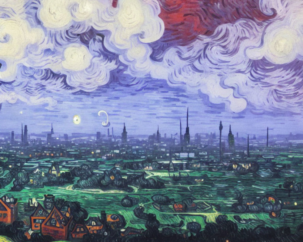 Cityscape under swirling night sky with crescent moon and stars above green fields.
