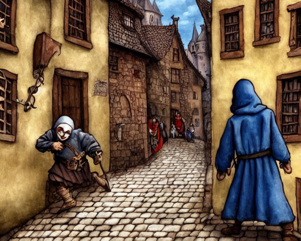 Cloaked figure on cobblestone street with medieval characters.