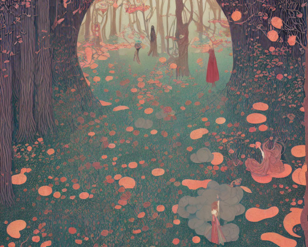 Illustration of mystical forest with vibrant flora and fairytale characters