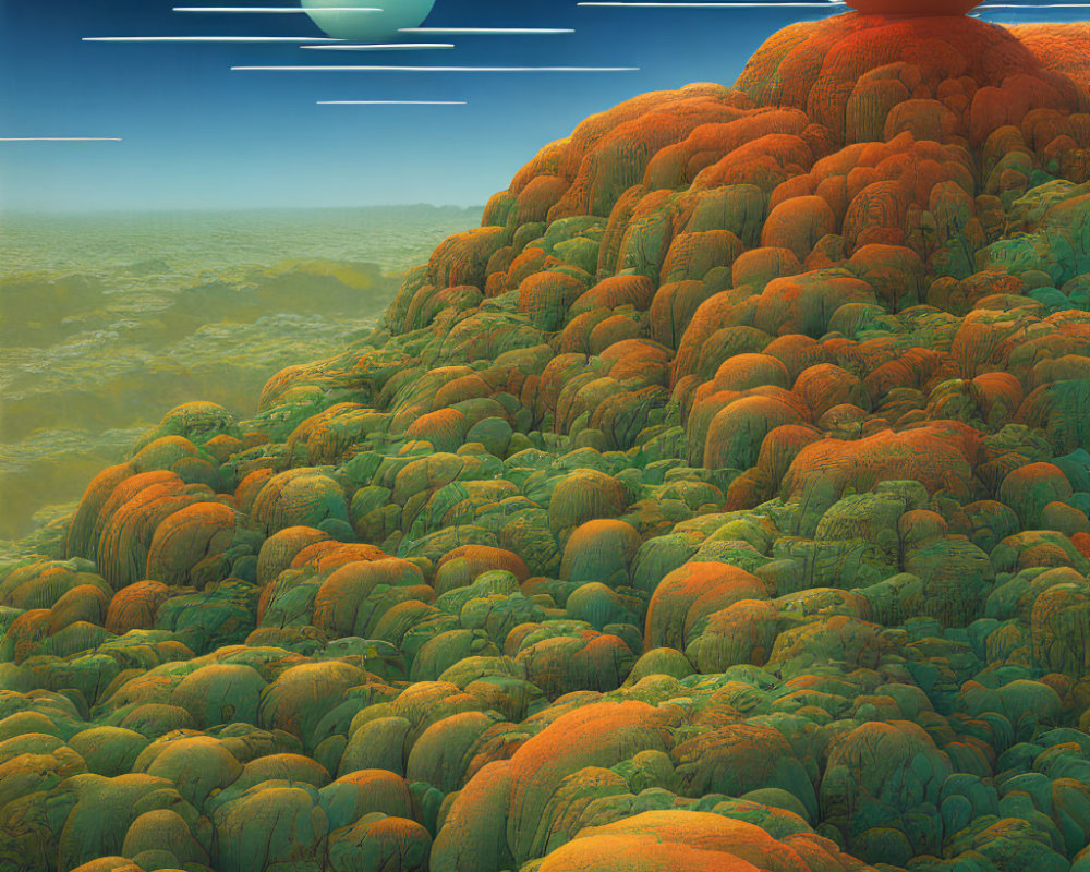 Surreal landscape with orange and green hills under two planets in the sky