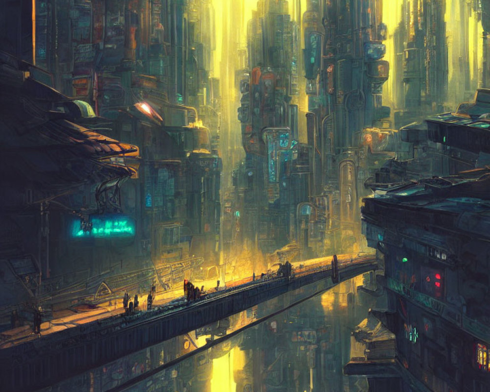 Futuristic cityscape with towering skyscrapers and glowing windows