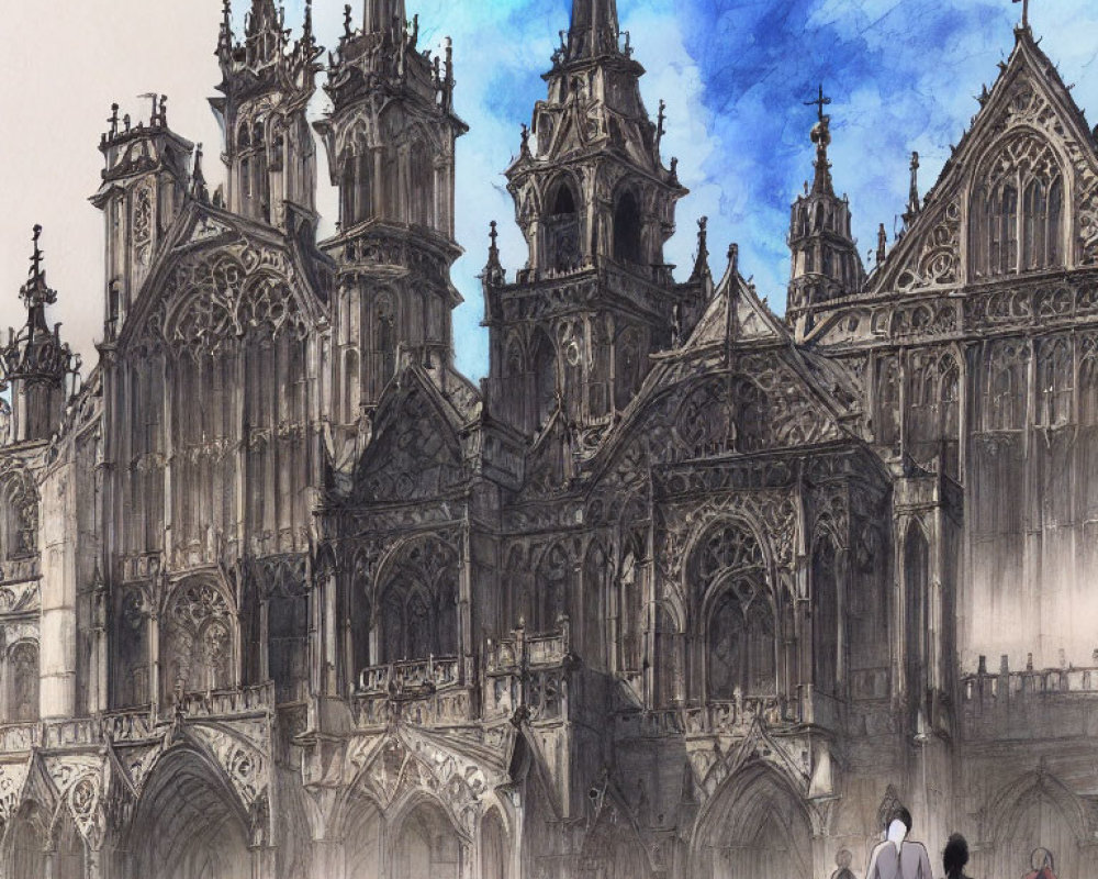 Sketch of people approaching ornate gothic cathedral under blue sky