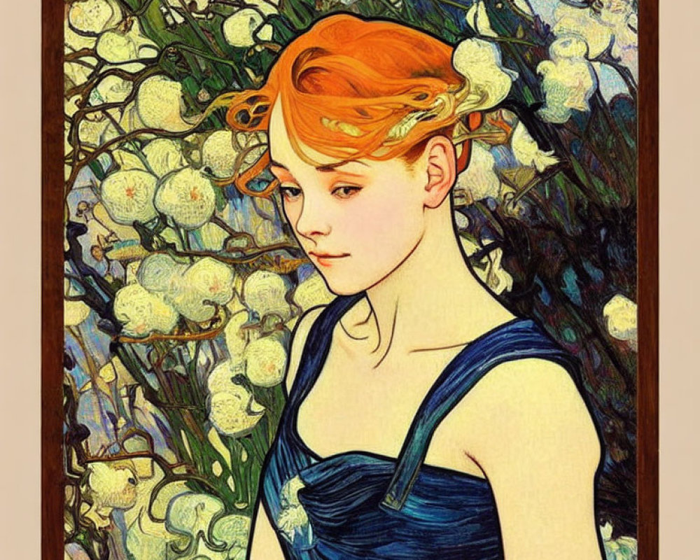 Woman with Orange Hair in Blue Dress Art Nouveau Illustration
