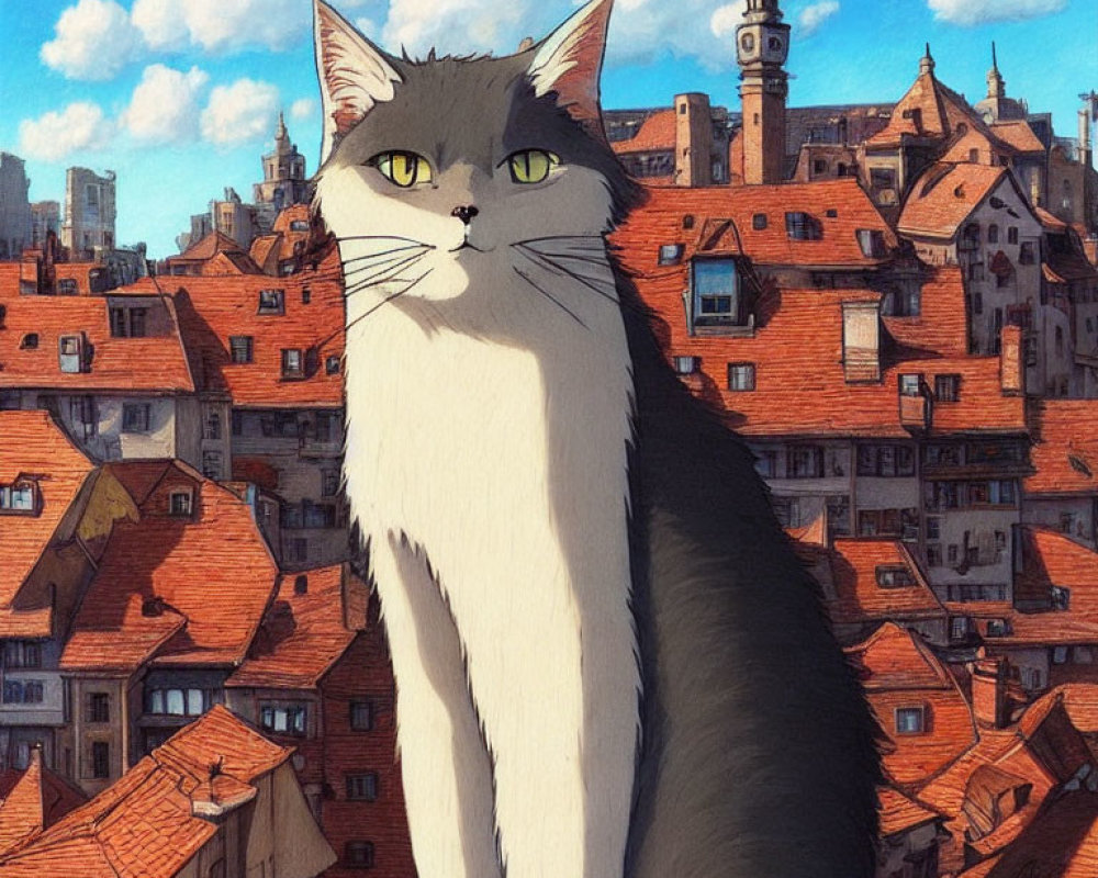 Stylized illustration: Large grey and white cat in old European town