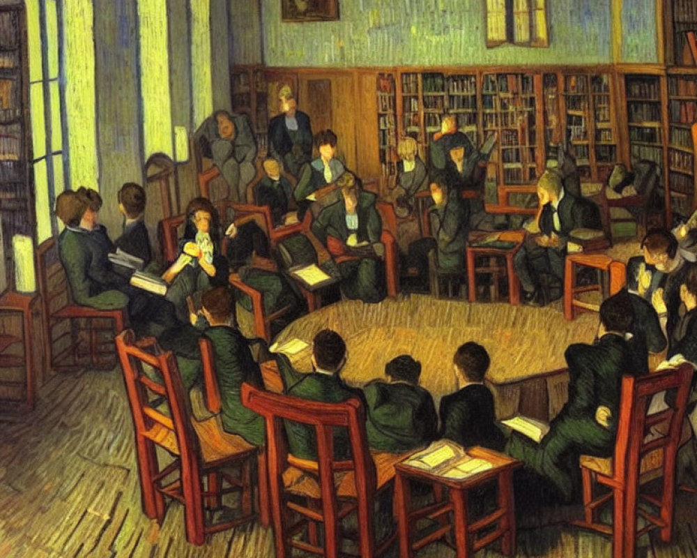 Illustration of people studying in serene old-fashioned library