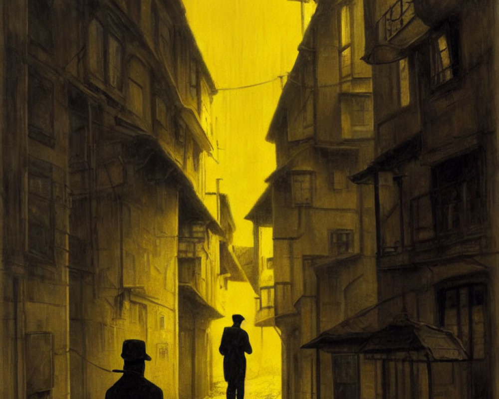 Monochromatic yellow-toned illustration of person walking in narrow city alley