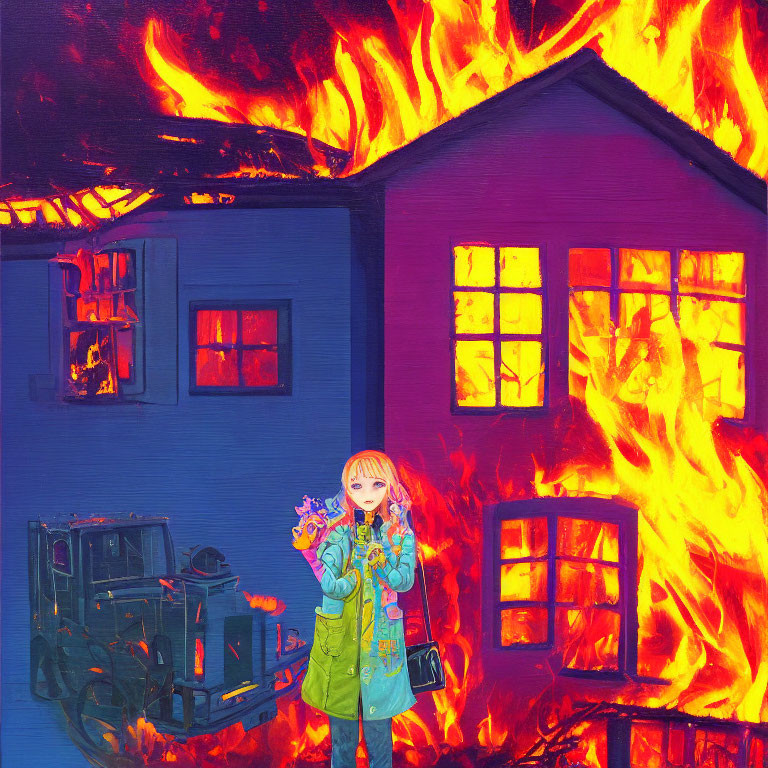 Blonde girl with flower bouquet in front of burning house amid chaos
