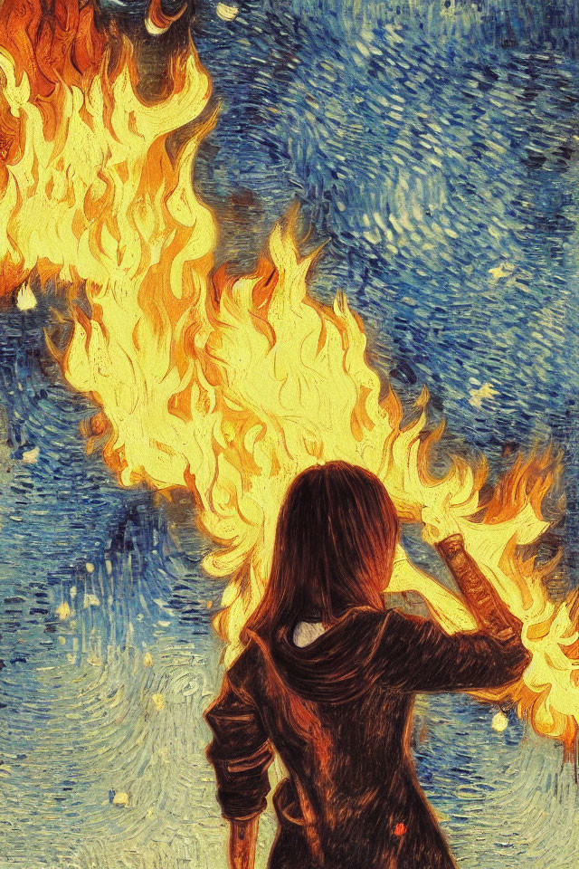 Impressionistic painting of woman holding fiery torch