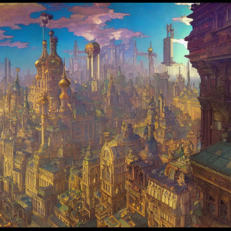 Steampunk-style cityscape with airships and ornate buildings