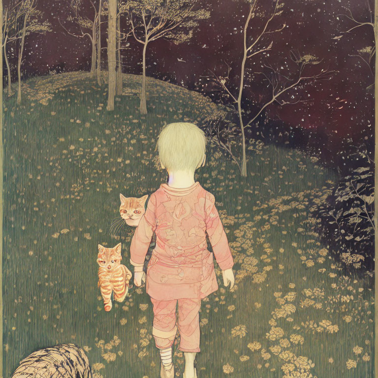 Child Holding Cat in Mystical Forest with Starry Sky and Flowers