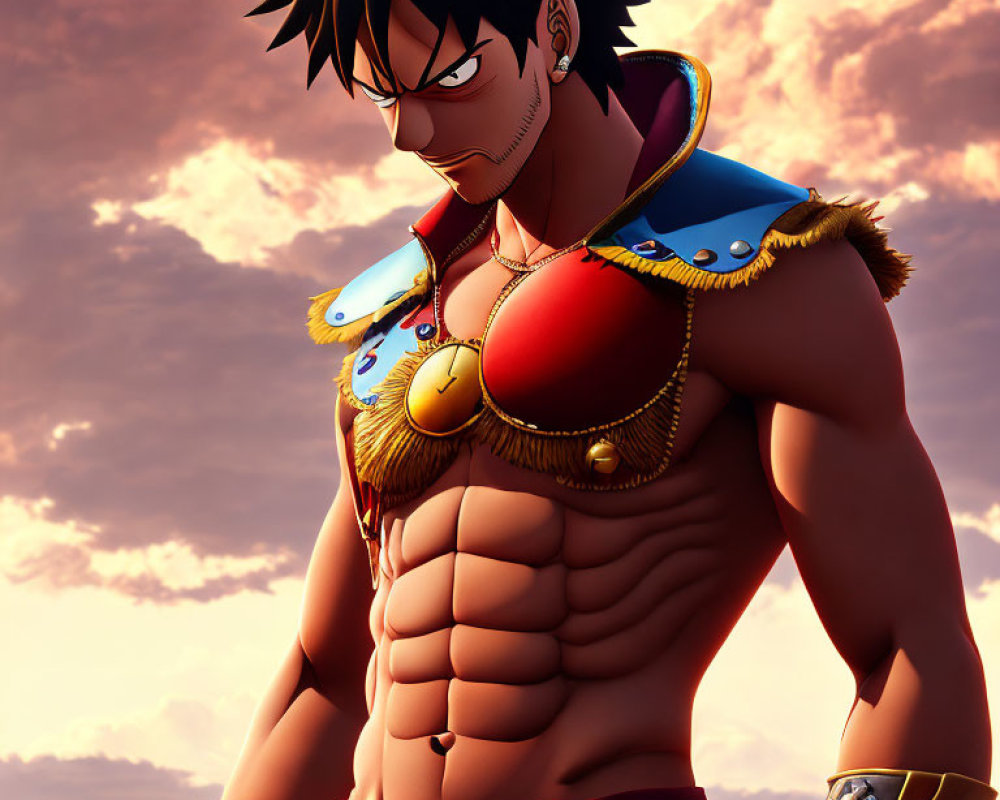 Muscular anime character in red sash and blue vest poses at dusk