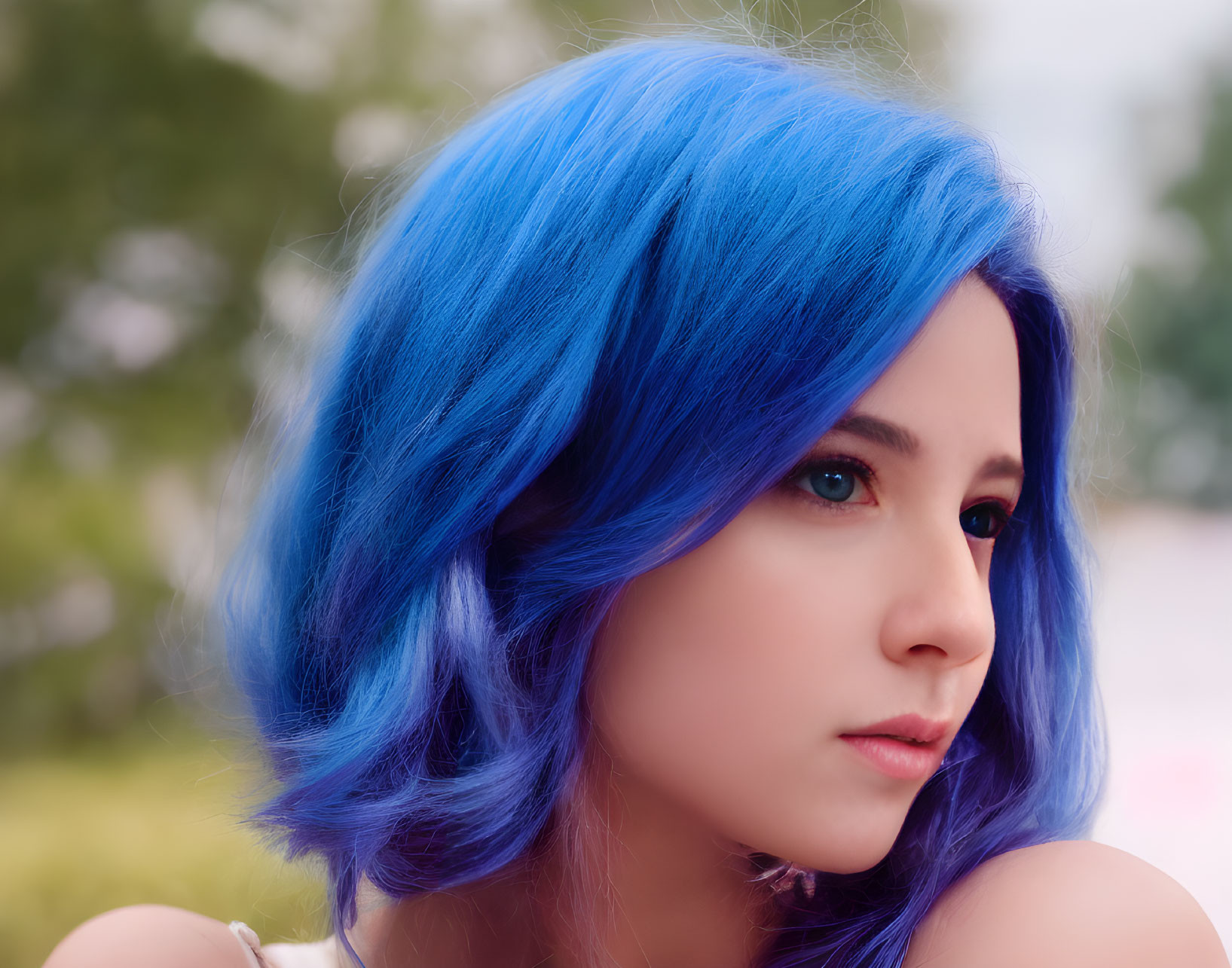 Vibrant blue-haired person with thoughtful expression in soft-focus background
