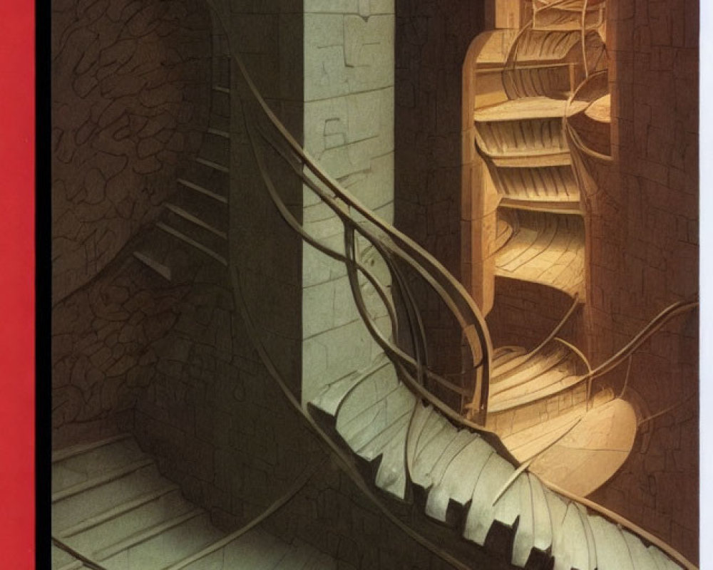 Surreal architectural interior with twisting staircases