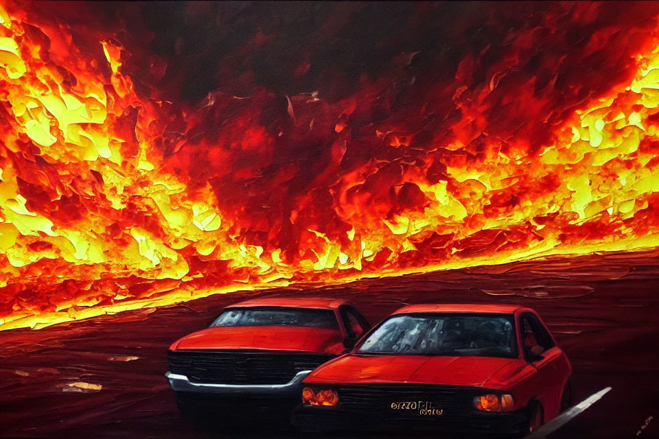 Two red cars in front of intense flames and blazing inferno.