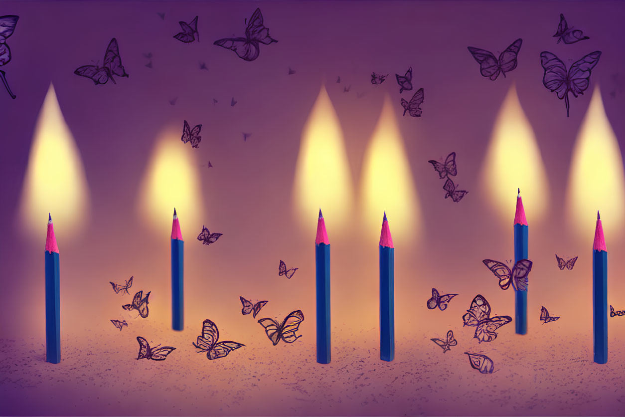 Six blue candles casting warm glow with silhouetted butterflies against purple backdrop