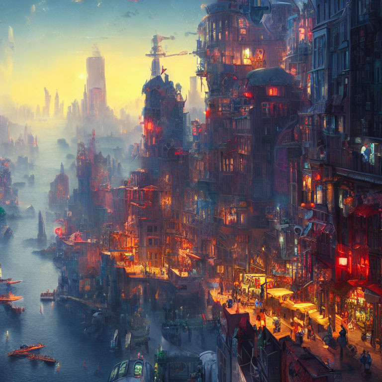 Futuristic cityscape at dusk with neon signs and flying vehicles