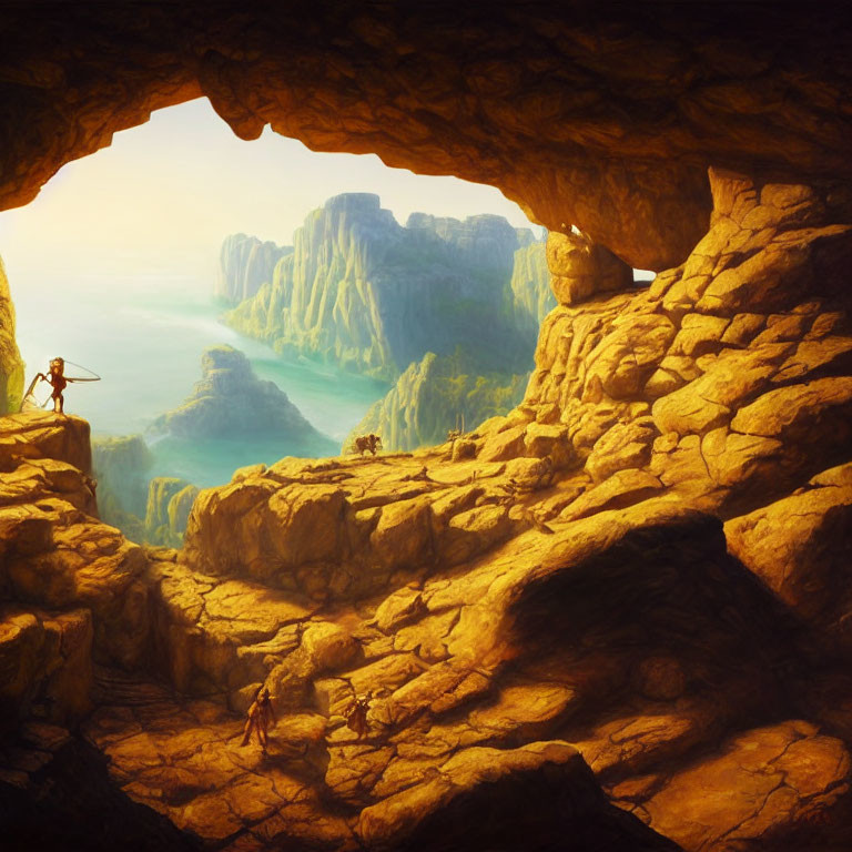 Person at cave entrance overlooking dramatic landscape with cliffs and valleys in golden sunlight