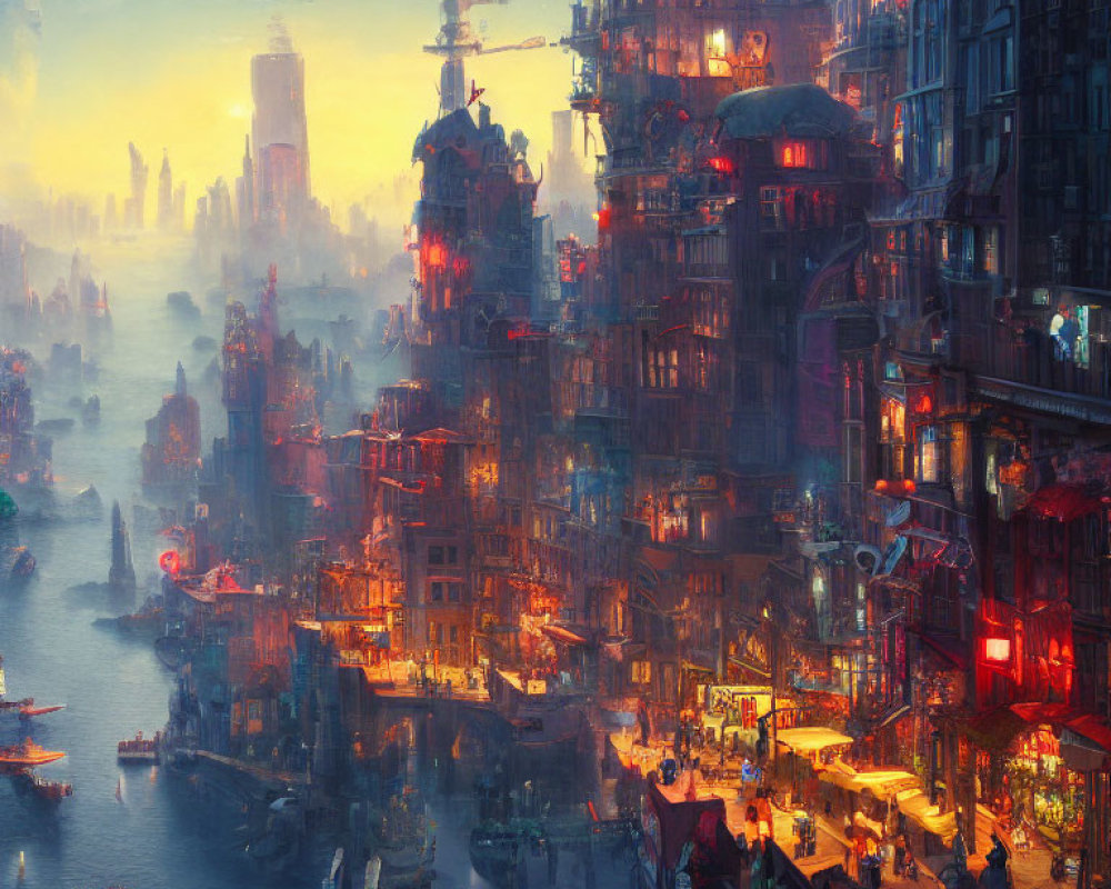 Futuristic cityscape at dusk with neon signs and flying vehicles