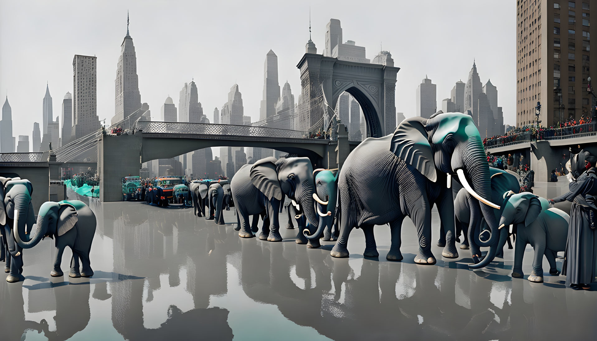 Elephants crossing city bridge with skyscrapers and onlookers