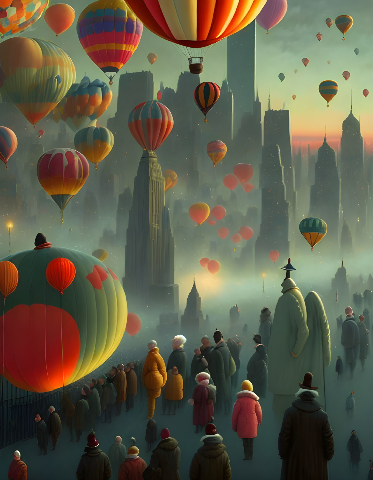 Crowd watching colorful hot air balloons over misty cityscape