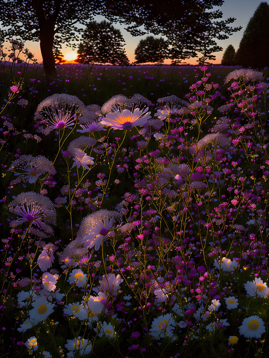 Vibrant field of flowers at sunset with sunlight filtering through petals