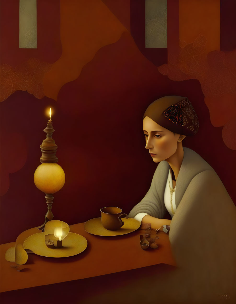 Person in headscarf with candle, coffee, and nuts in warm light