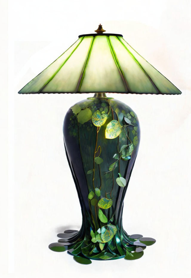 Green Shade Stained Glass Lamp with Leaf and Vine Motifs