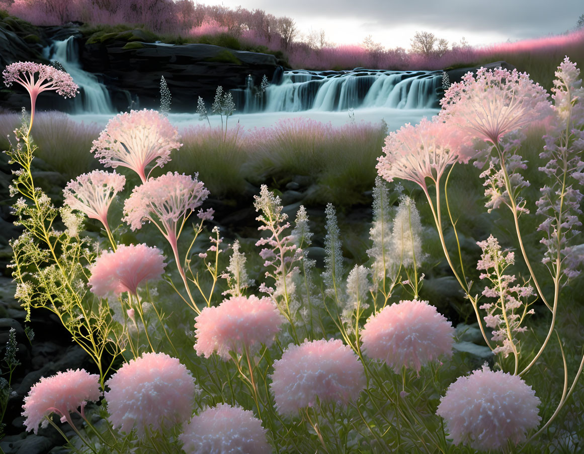 Tranquil twilight landscape with gentle waterfall and lush greenery