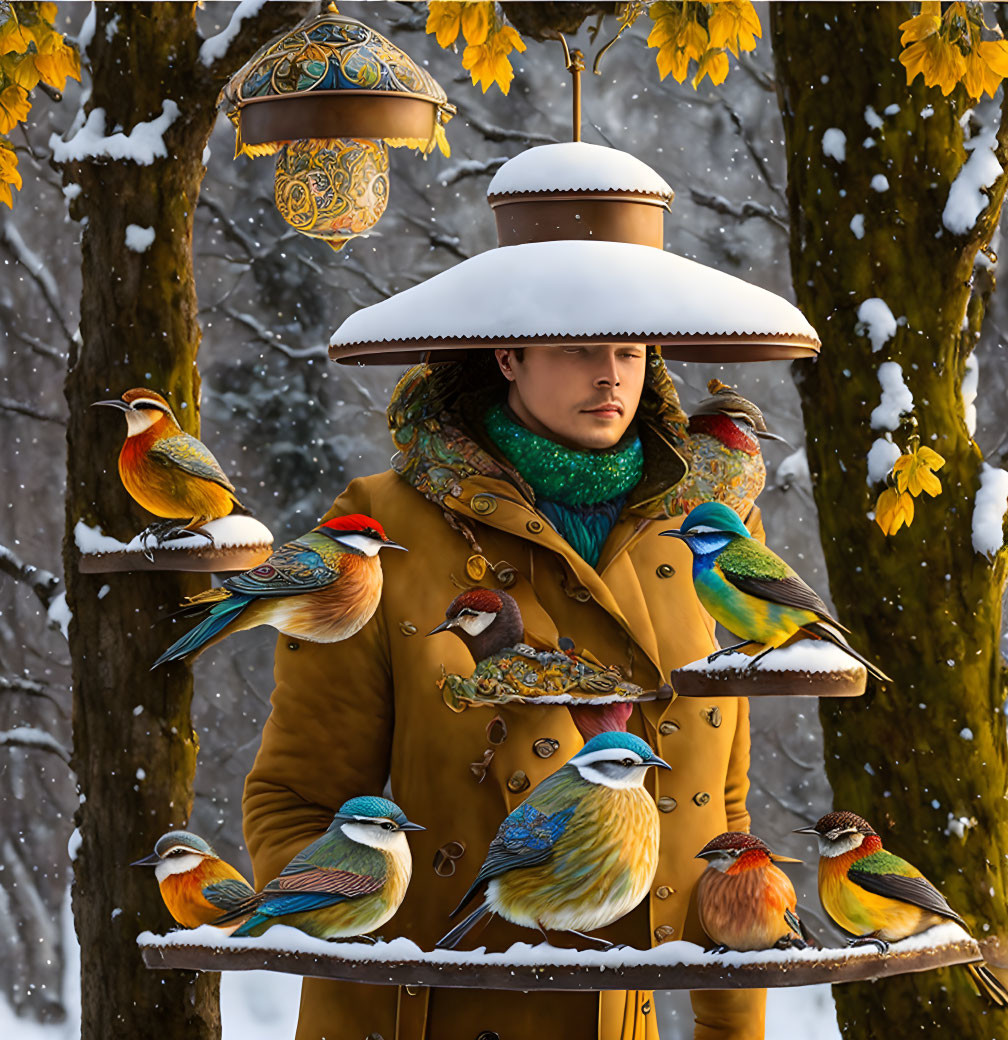 Person in coat and hat surrounded by birds in snowfall landscape