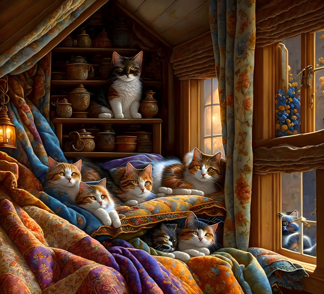 Multiple cats lounging in cozy room with warm lighting and pottery by window