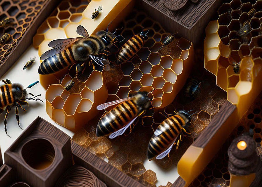 Realistic bees in honeycomb with warm lighting and shadows