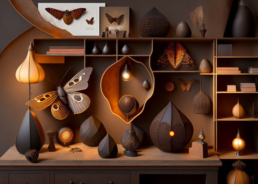 Wooden shelves with curated butterfly-themed decor and warm lighting