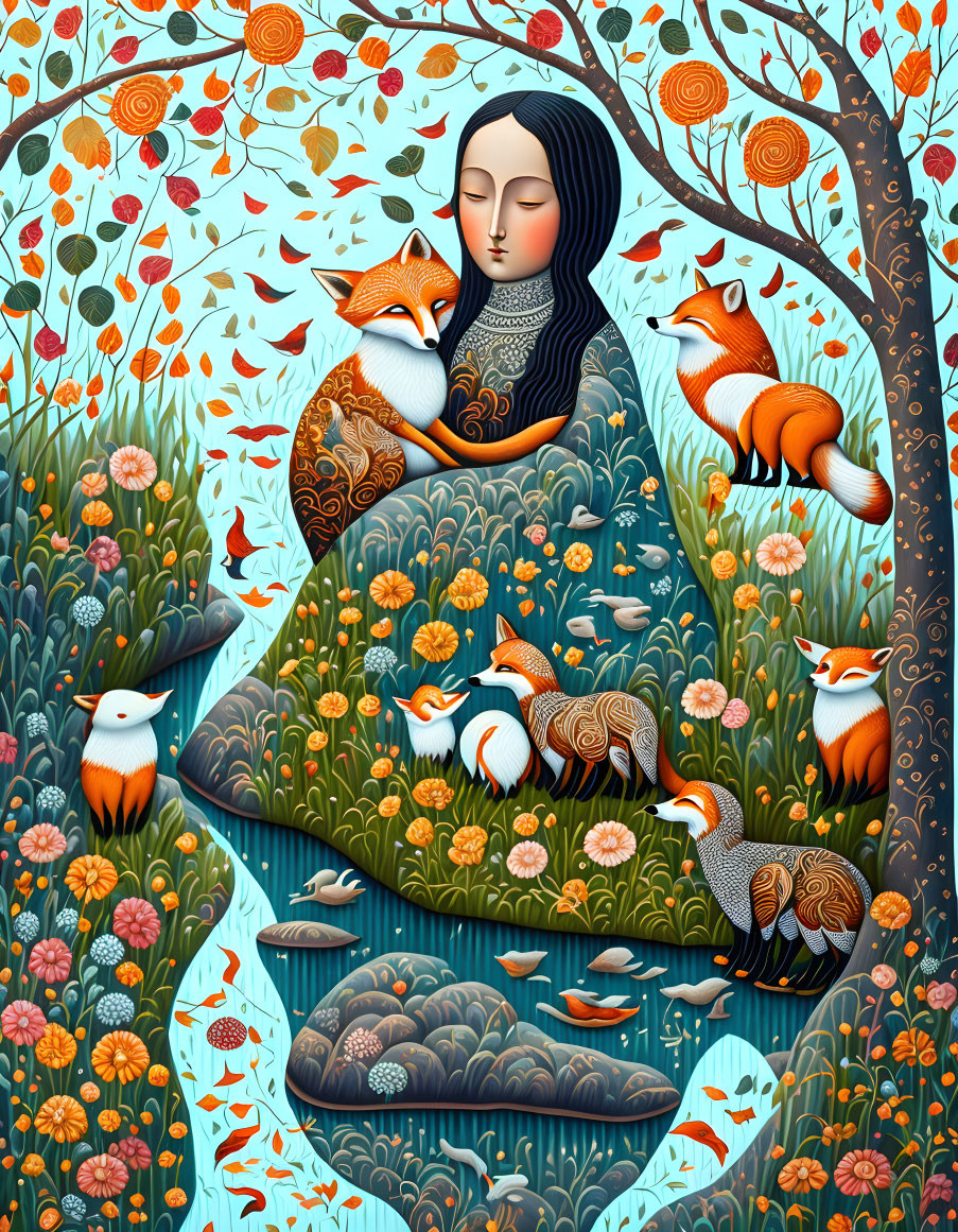 Illustration of woman with foxes and nature on blue background