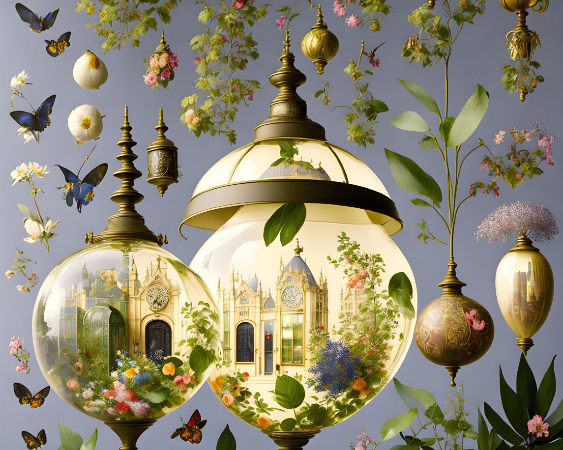 Vintage glass lamp globes with cathedral interior, lush flora, butterflies, and antique ornaments.