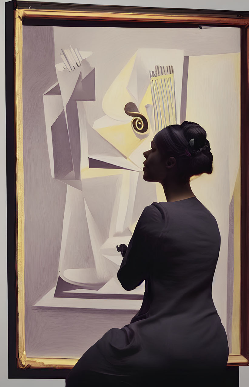 Woman in dark dress with bun hair gazes at abstract cubist painting