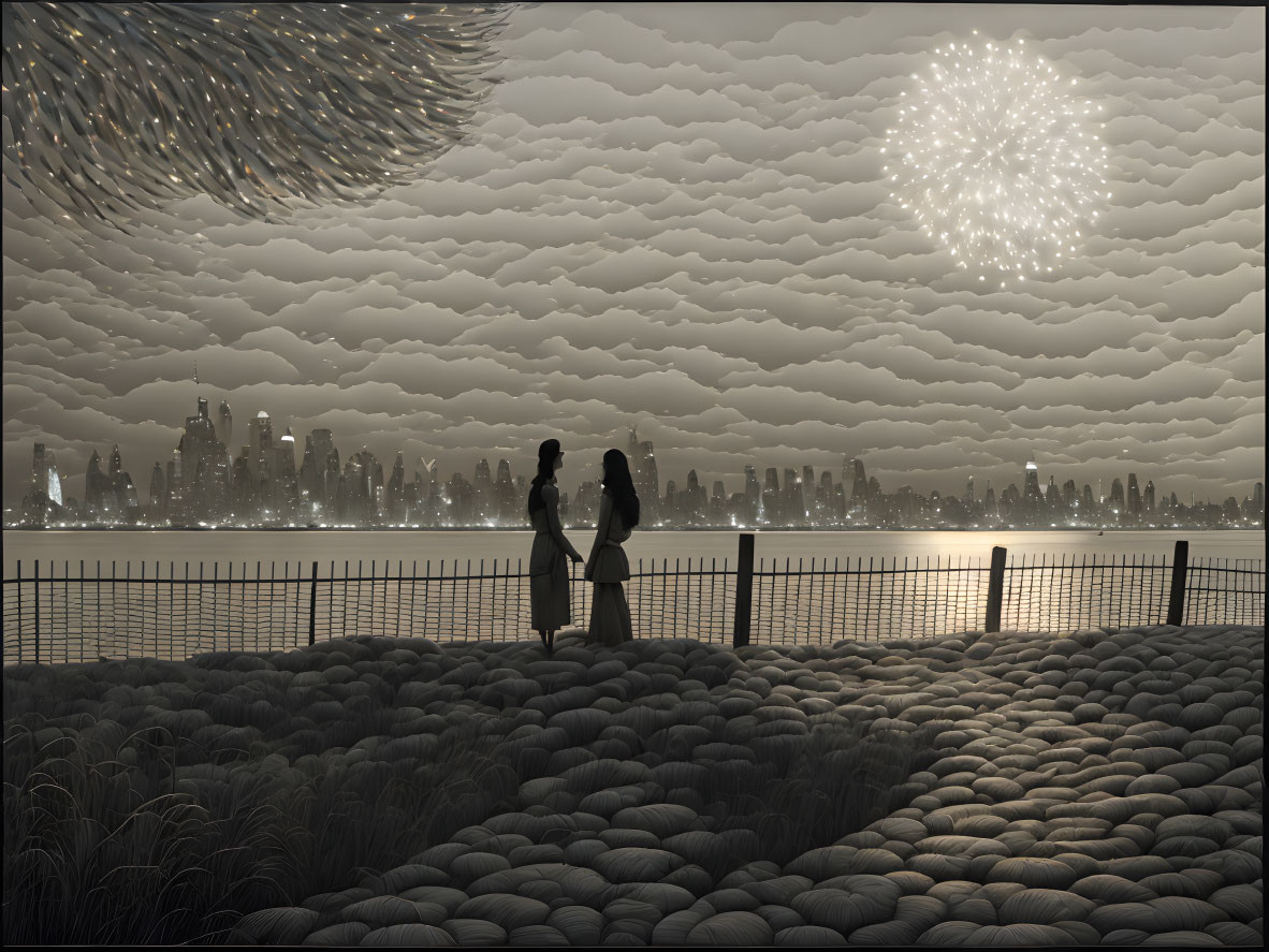 Silhouetted figures by fence with cityscape and fireworks at dusk