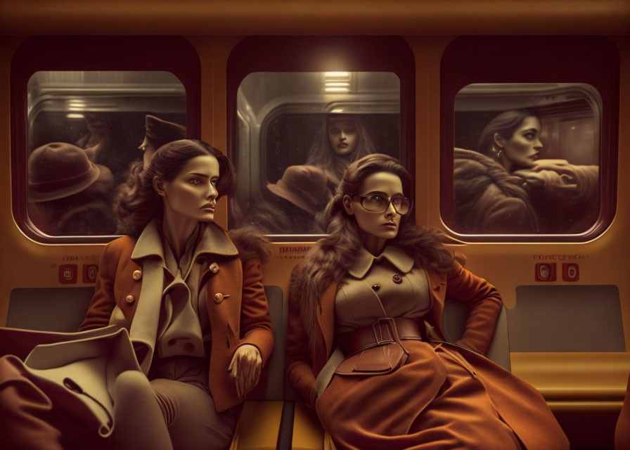 Two women in vintage coats sitting in warm-toned train car, gazing out windows with reflections.