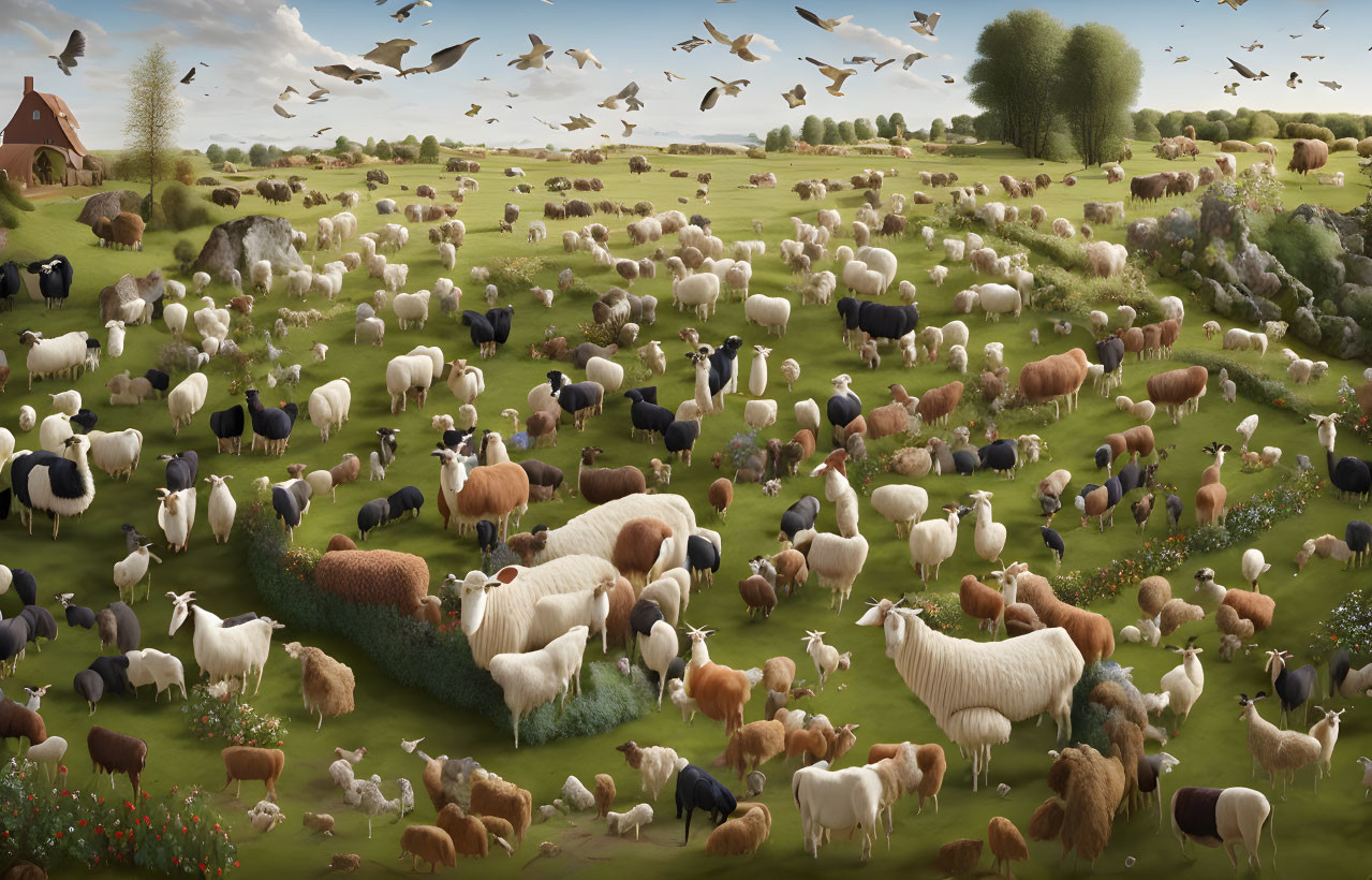 Diverse flock of sheep and llamas grazing in green field surrounded by nature