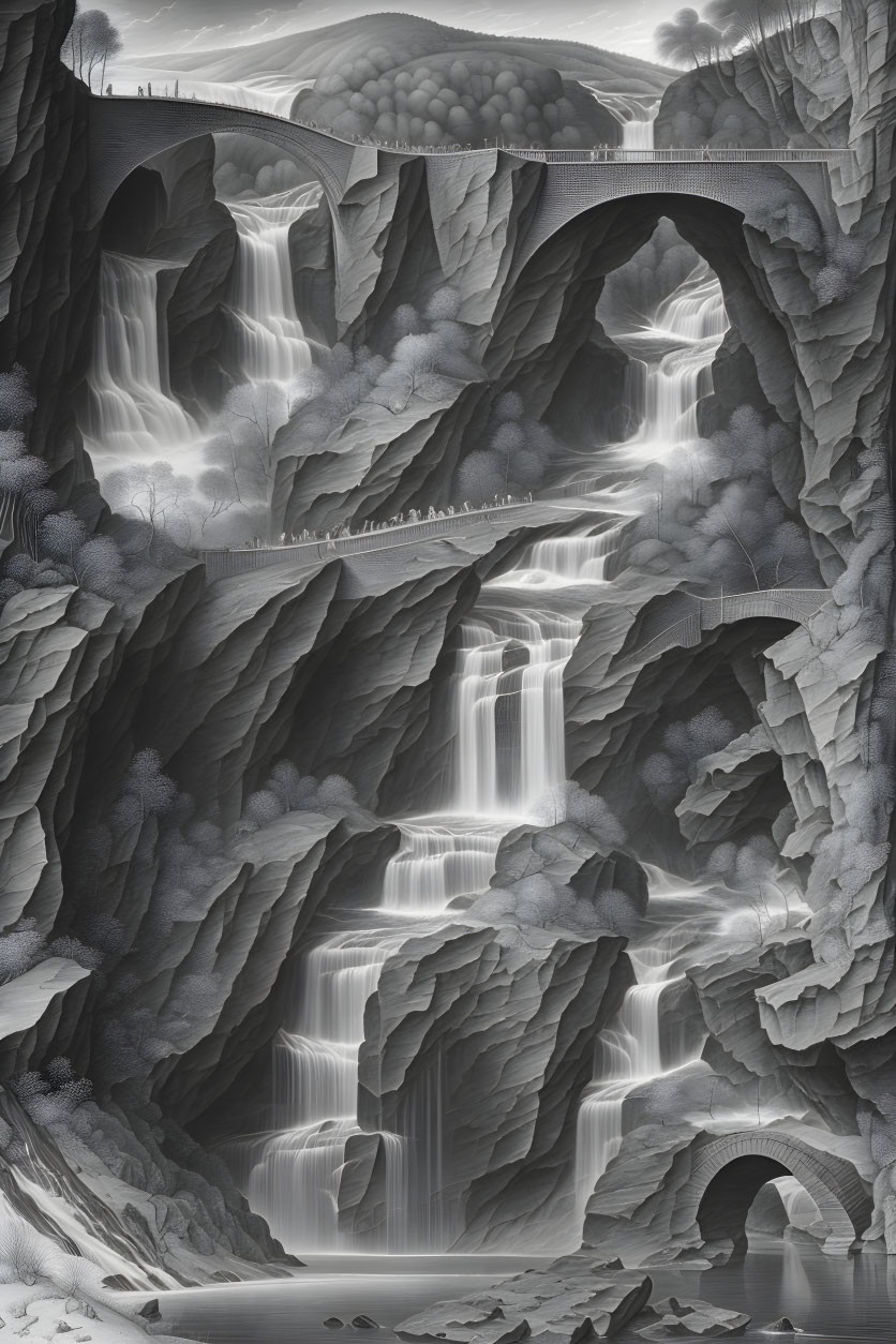Monochromatic image of cascading waterfalls in rocky canyon