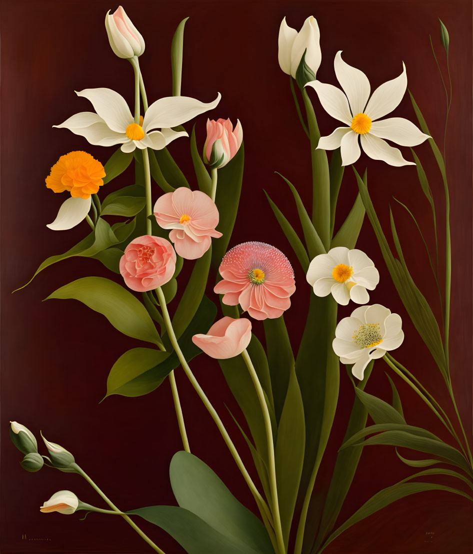 Colorful Blooming Flowers Illustration on Maroon Background