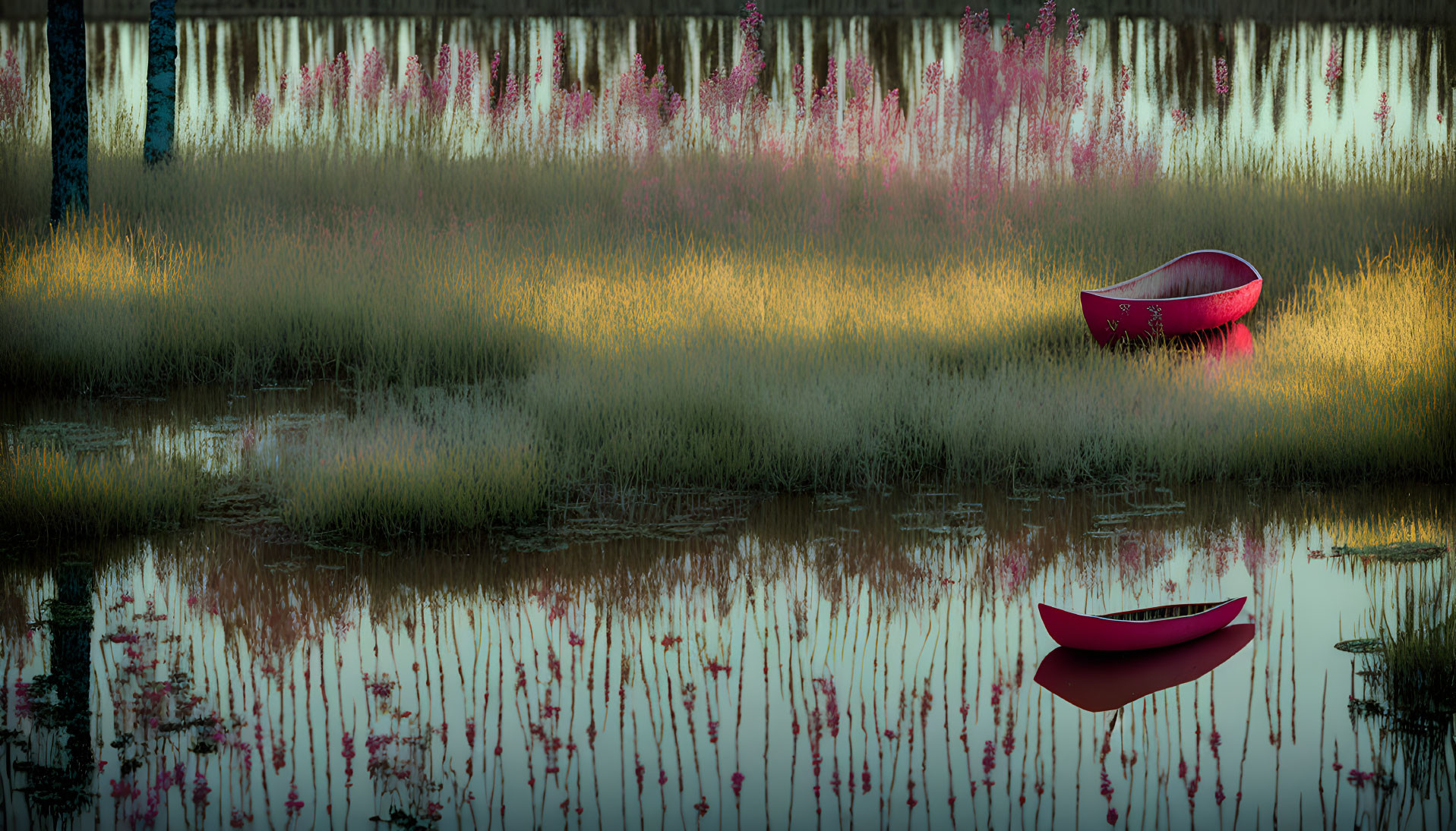The abandoned red boats in the swamp