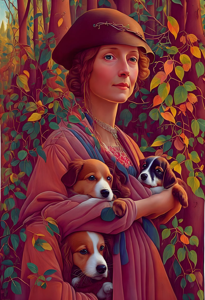 Woman in vintage outfit holding two puppies in vibrant autumn forest