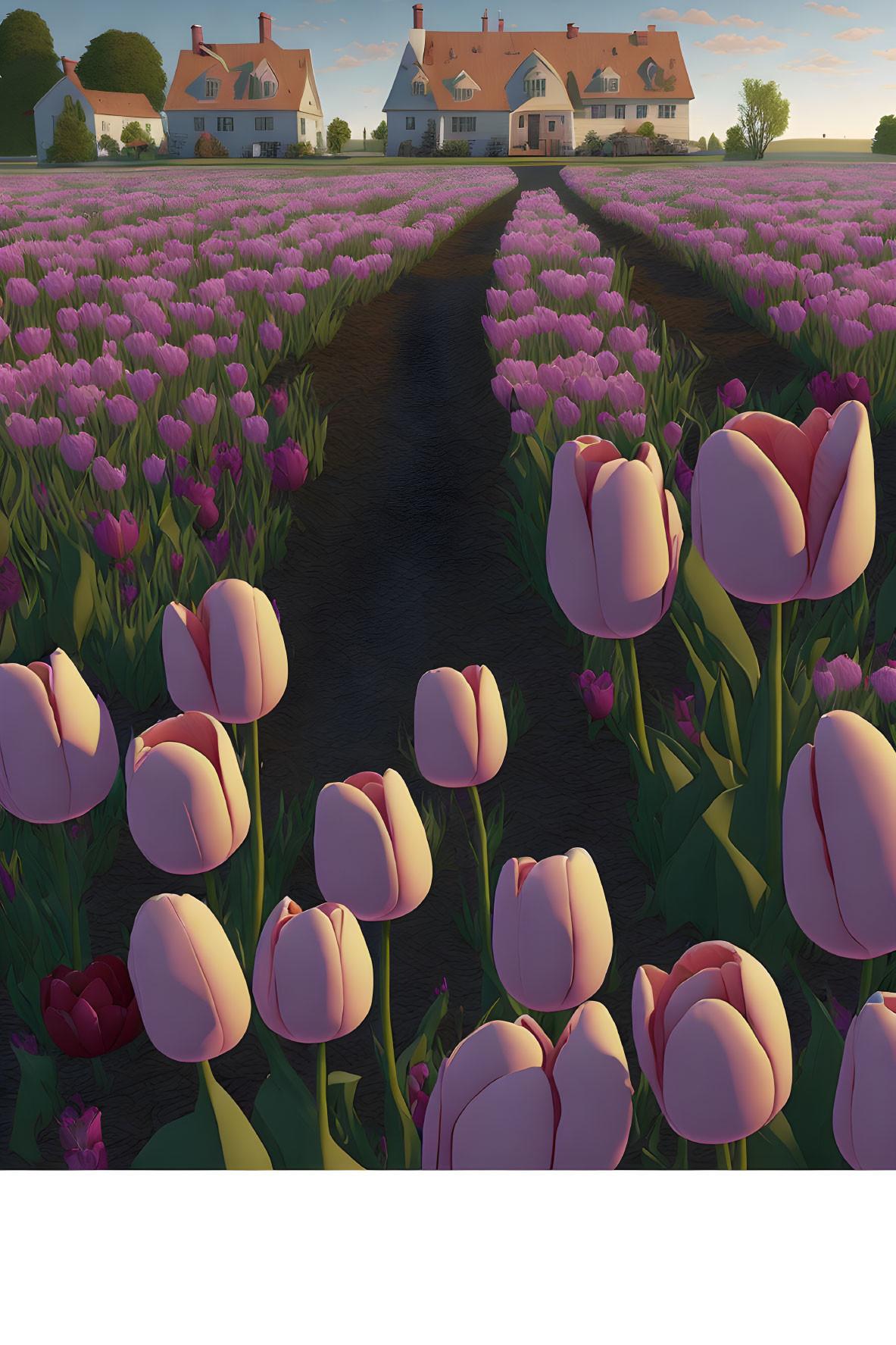 Picturesque Tulip Farm with Winding Path and Traditional House at Sunset