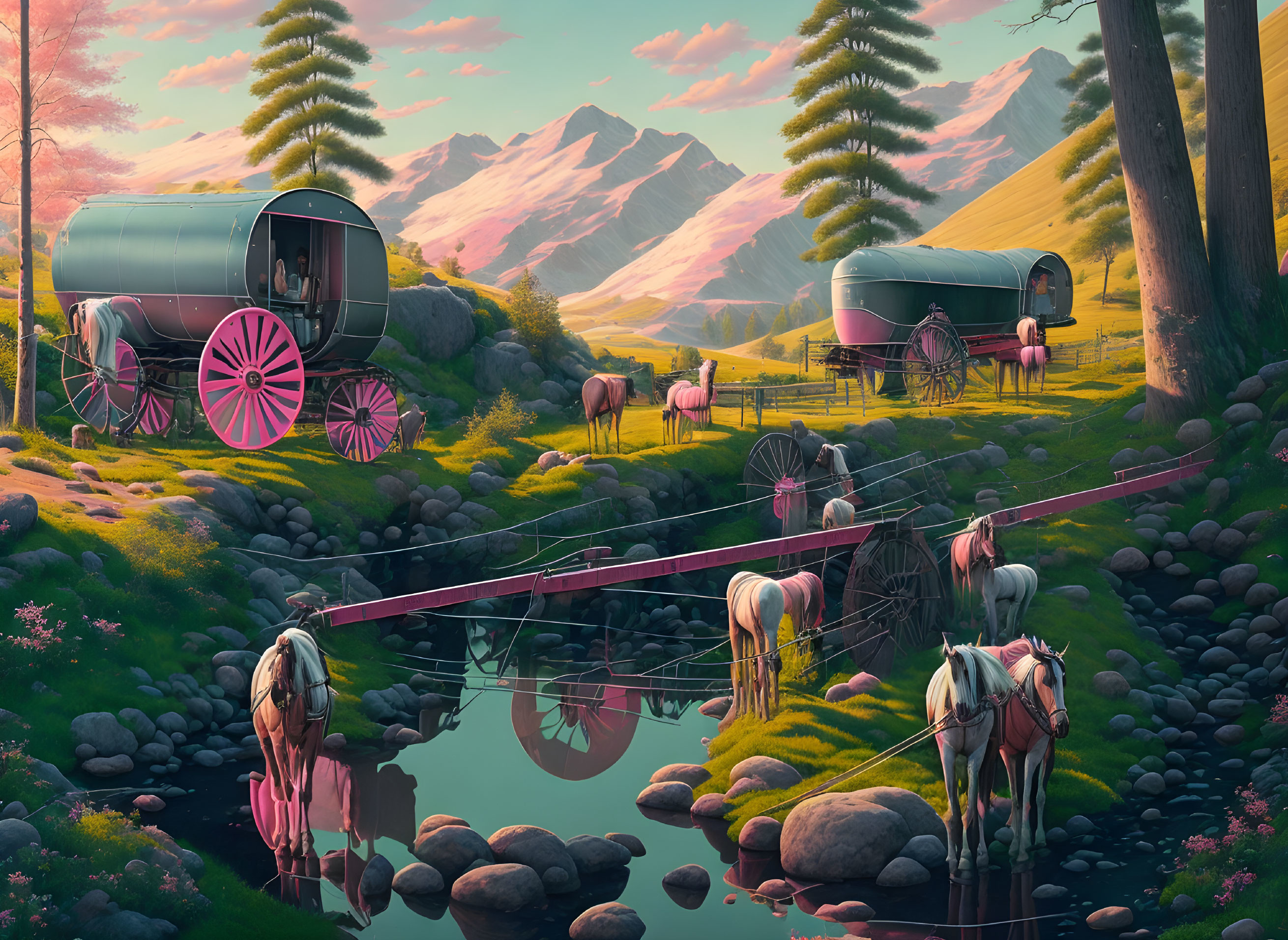 Tranquil scenery of covered wagons, horses, and wooden bridge in nature