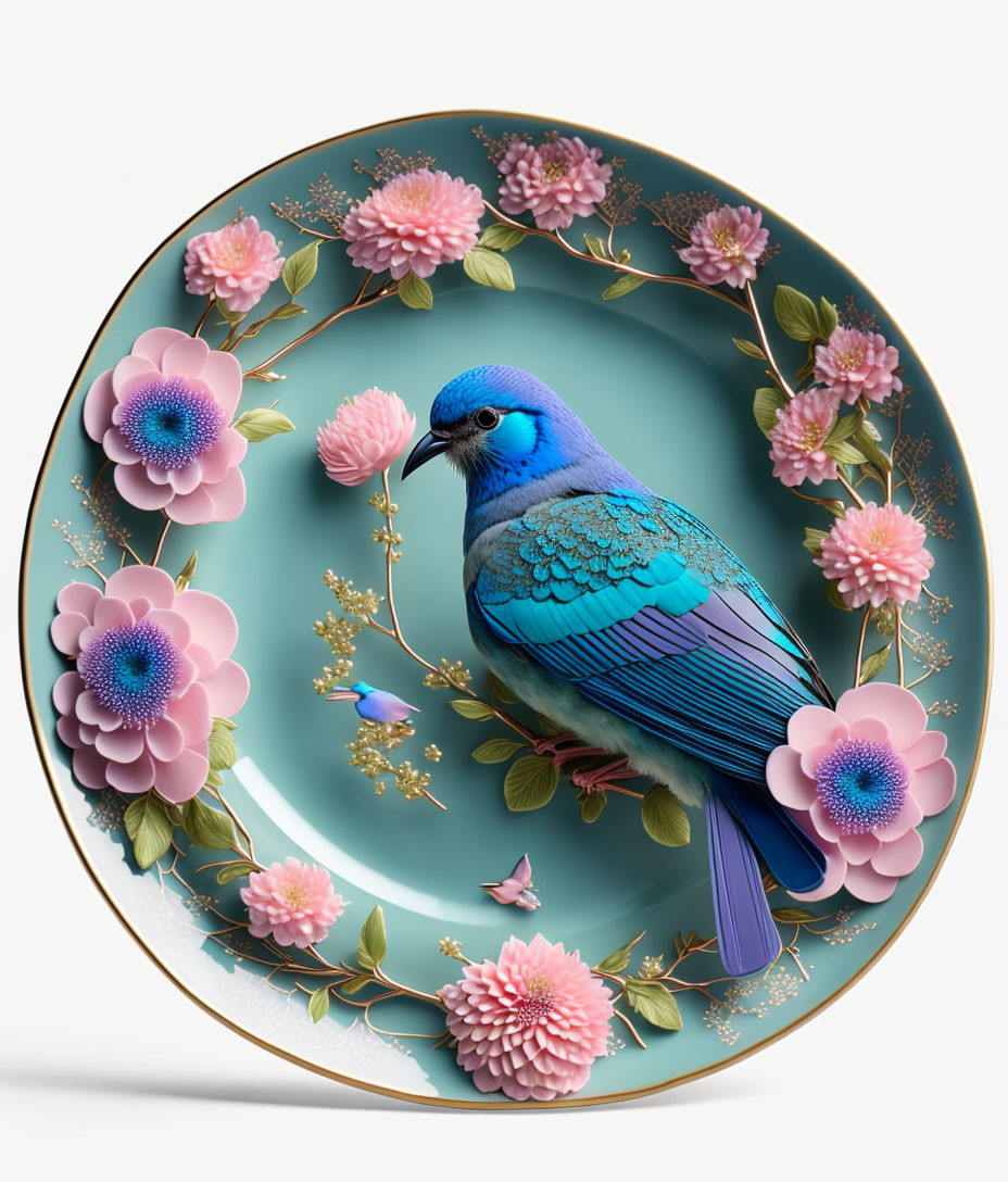 Detailed illustration of blue bird and flowers on teal plate